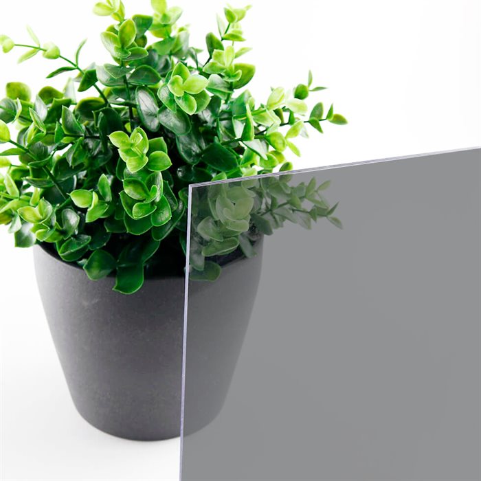 Billede af grå polycarbonate foran plante med hvid baggrund
