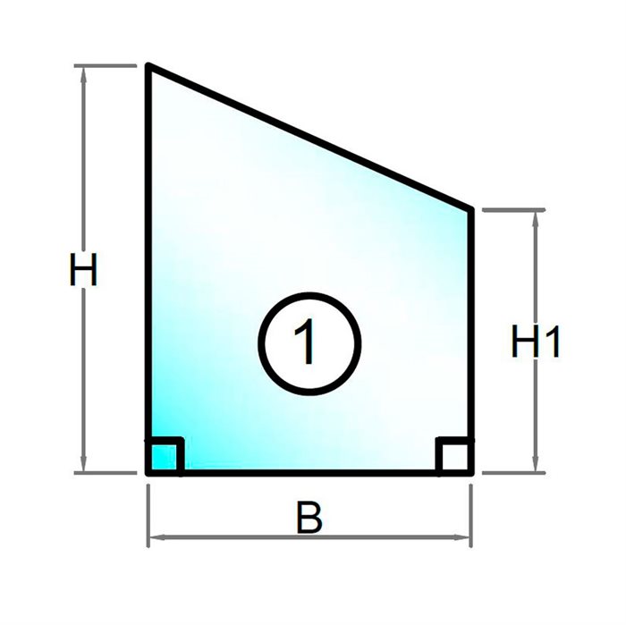 4 mm lavenergiglas firkant med skrå top faldende mod højre - Model 1